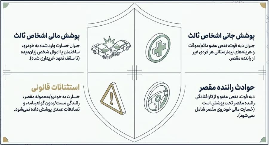 محدوده پوشش بیمه شخص ثالث شامل پوشش مالی، جانی، حوادث راننده مقصر و استثنائات قانونی